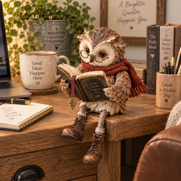 Reading owl resin figurine