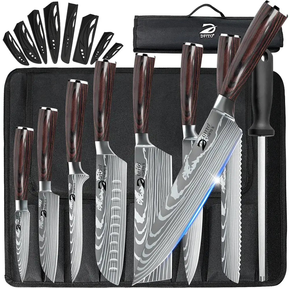 9-Piece German Steel Knife Set with Roll Bag
