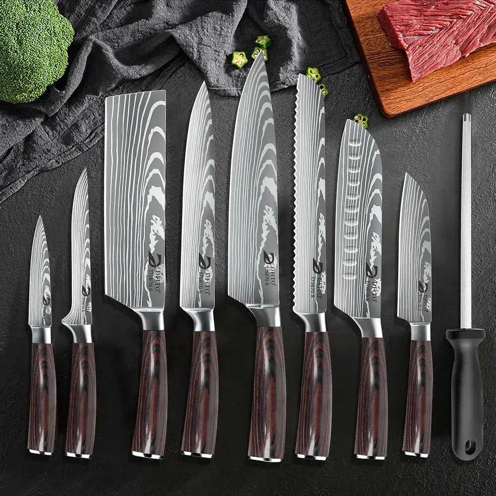 9-Piece German Steel Knife Set with Roll Bag