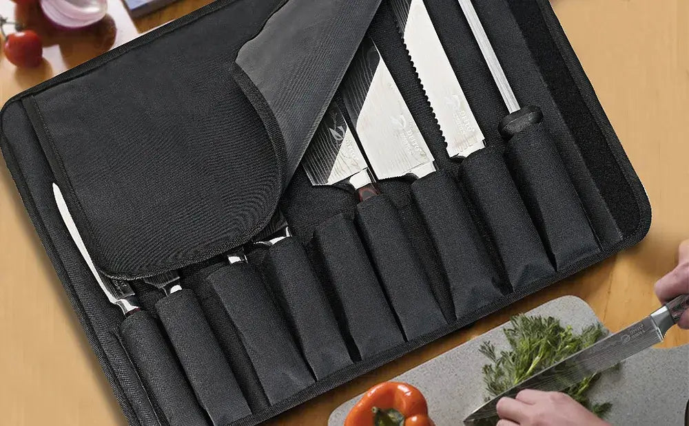 9-Piece German Steel Knife Set with Roll Bag