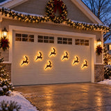 LED reindeer wall décor on an outdoor garage wall