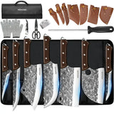 14-Piece Custom Damascus Butcher Knife Set with Roll Bag