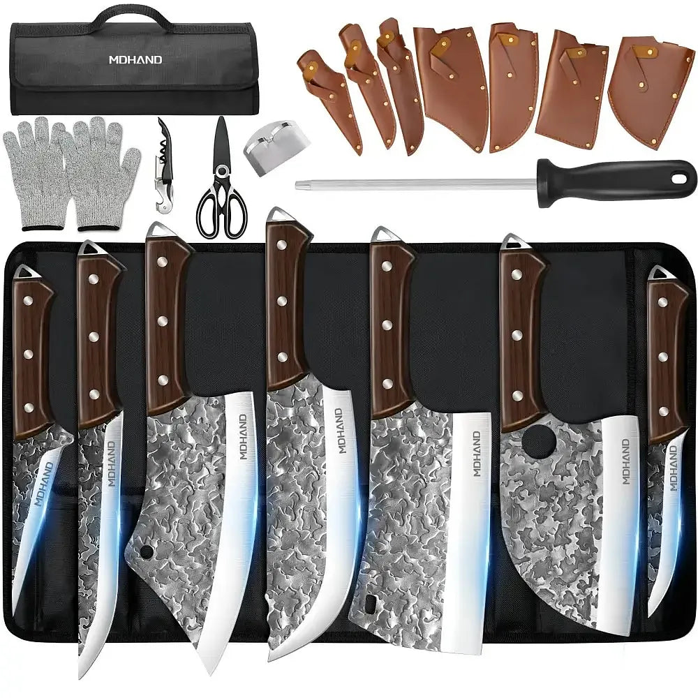 14-Piece Custom Damascus Butcher Knife Set with Roll Bag
