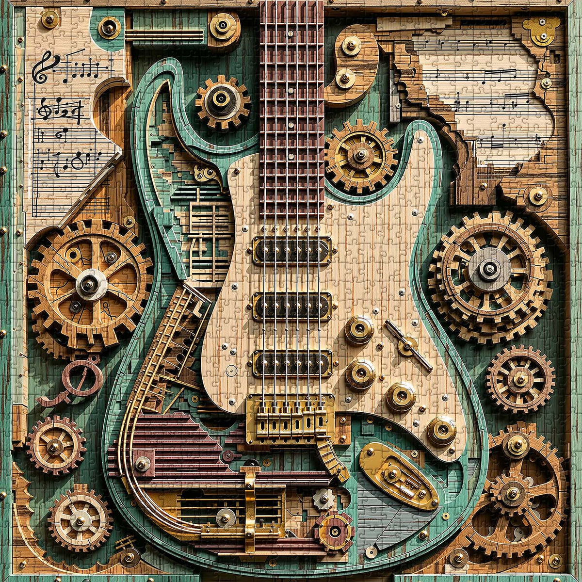 Gears and Strings steampunk guitar jigsaw puzzle artwork