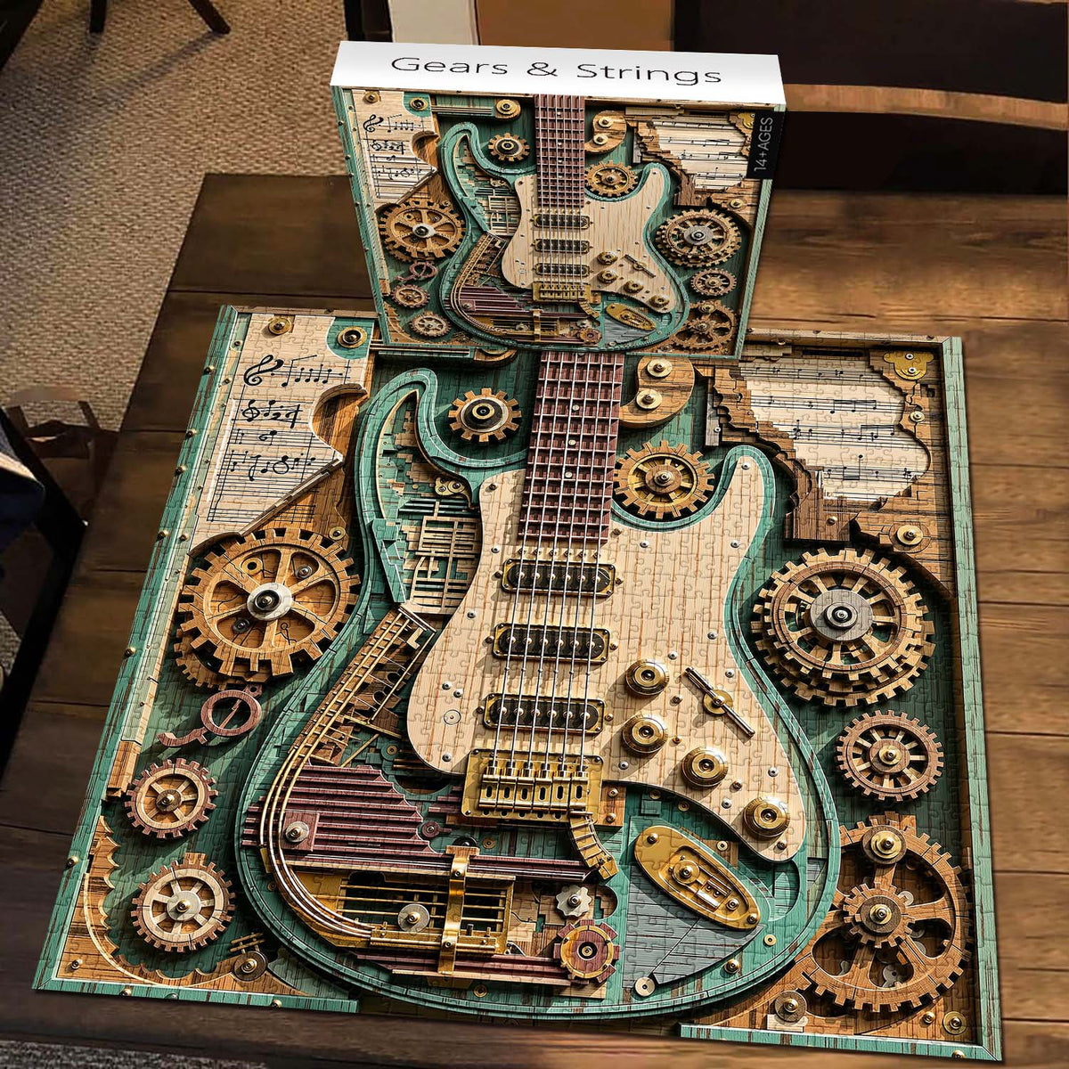 Gears and Strings guitar puzzle assembled on a table