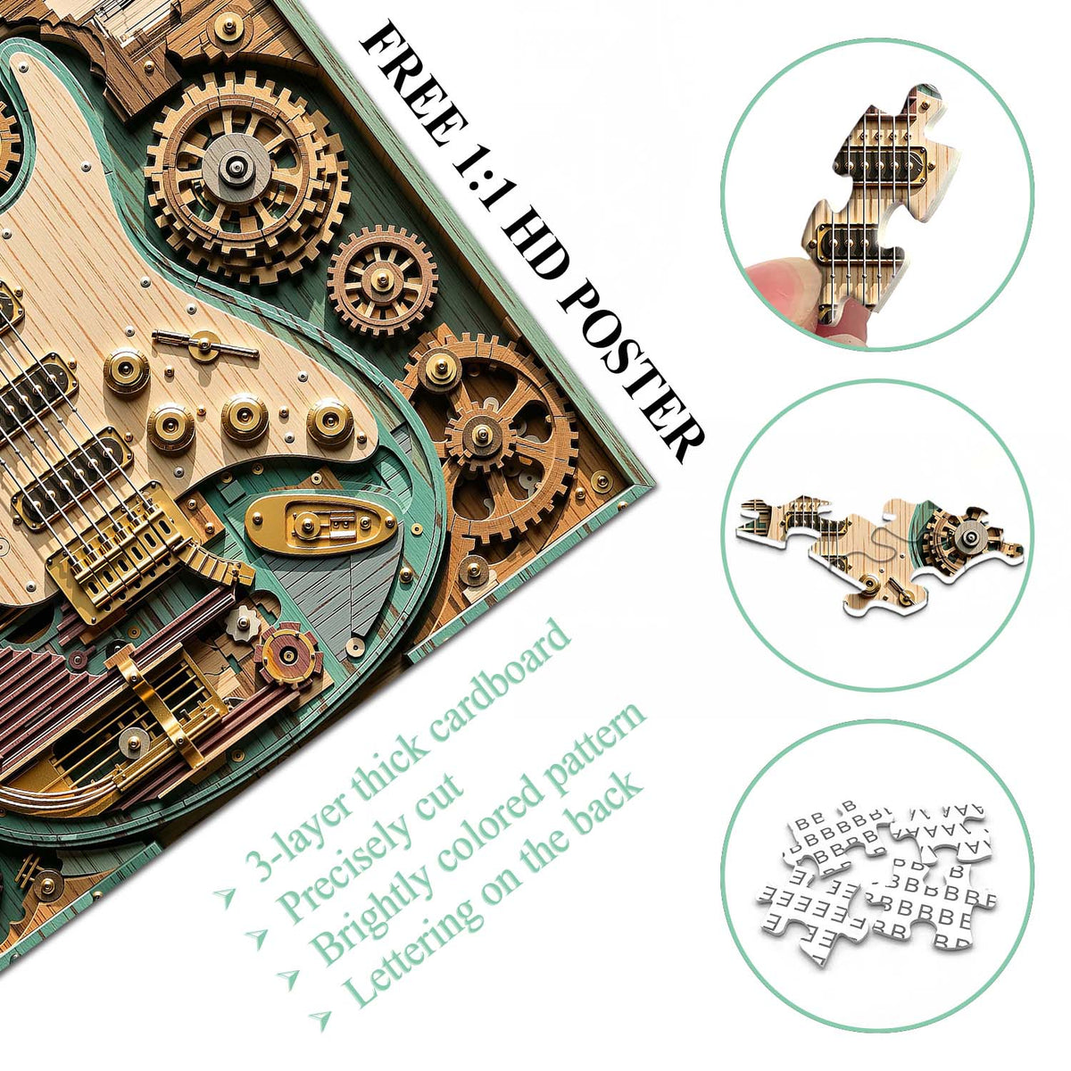 Gears and Strings puzzle piece and included poster detail