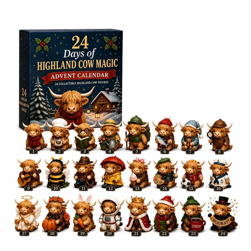 Highland cow advent calendar packaging and complete figure set
