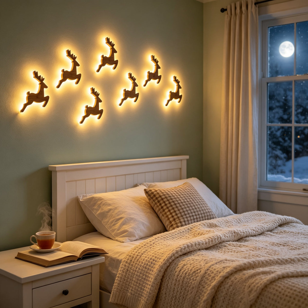 LED reindeer wall décor above a bed
