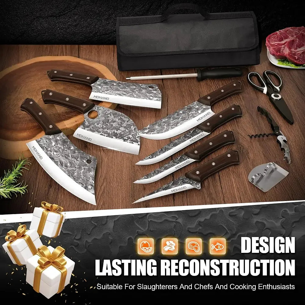 14-Piece Custom Damascus Butcher Knife Set with Roll Bag