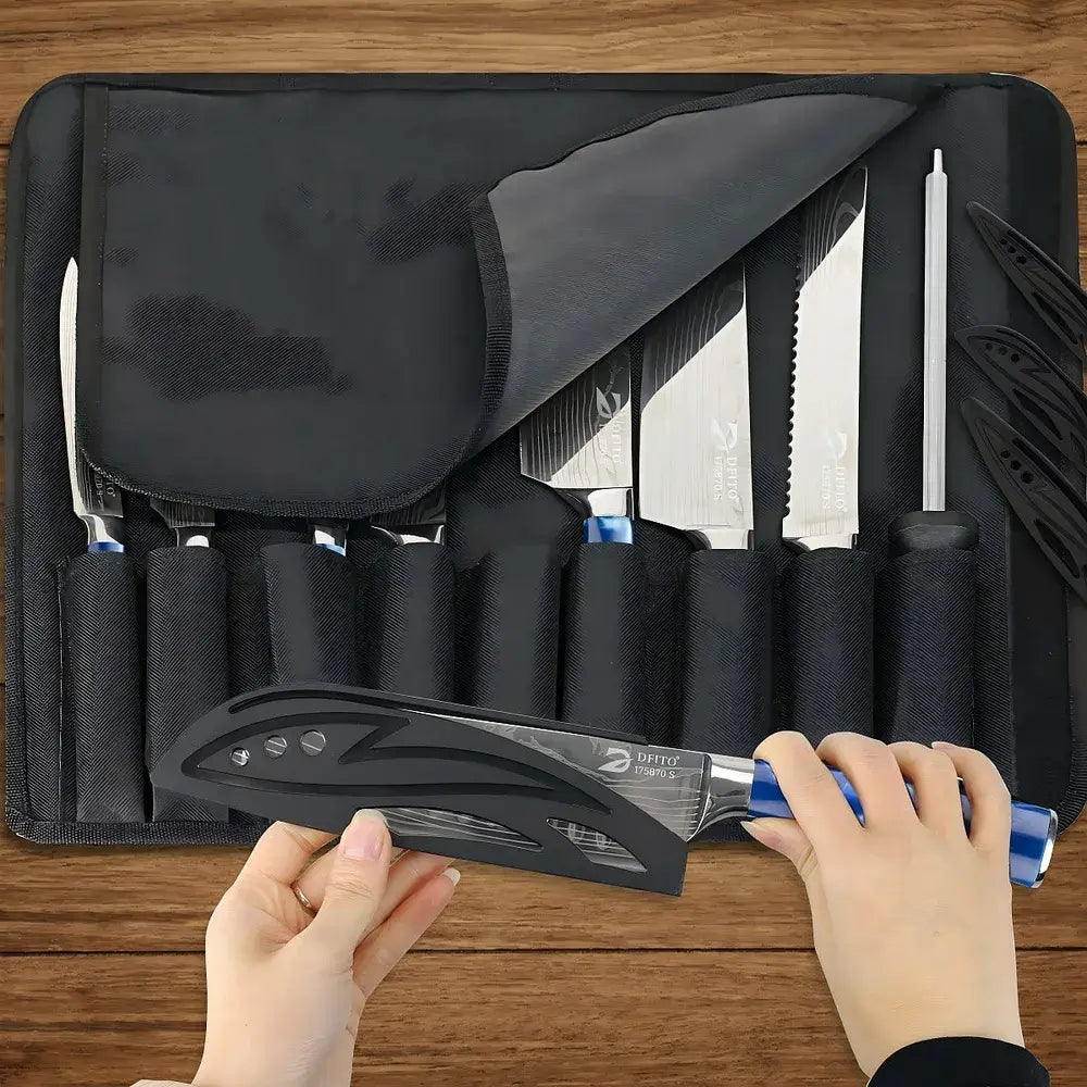 9-Piece High Carbon Steel Knife Set with Roll Bag